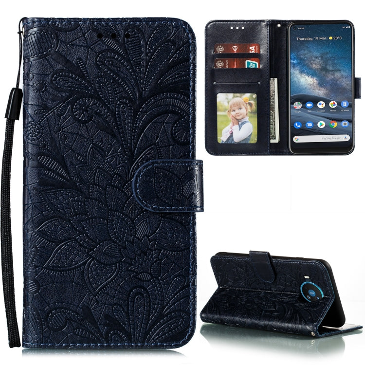 For Nokia 8.3 5G Lace Flower Embossing Pattern Horizontal Flip Leather Case with Holder & Card Slots & Wallet & Photo Frame