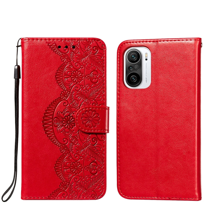 For Xiaomi Redmi K40 Flower Vine Embossing Pattern Horizontal Flip Leather Case with Card Slot & Holder & Wallet & Lanyard