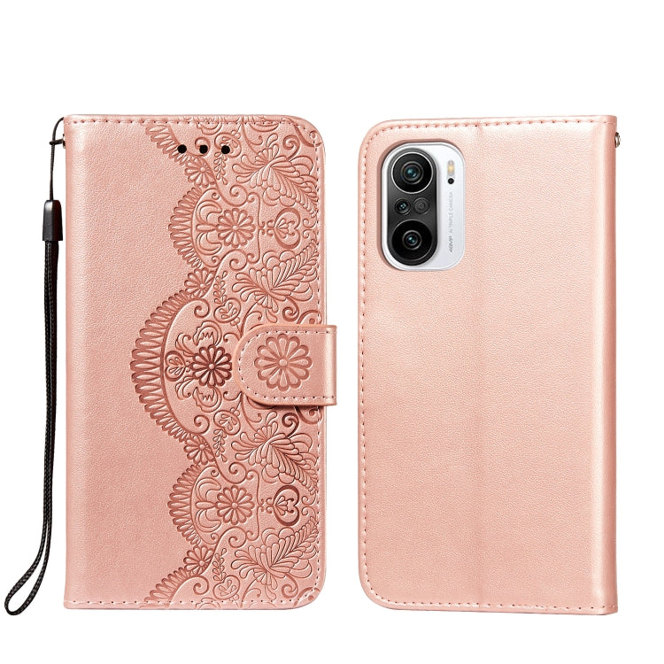 For Xiaomi Redmi K40 Flower Vine Embossing Pattern Horizontal Flip Leather Case with Card Slot & Holder & Wallet & Lanyard