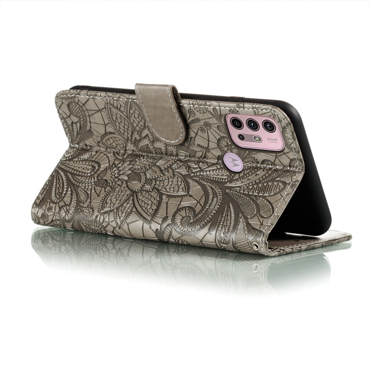 For Motorola Moto G30 Lace Flower Embossing Pattern Horizontal Flip Leather Case with Holder & Card Slots & Wallet & Photo Frame