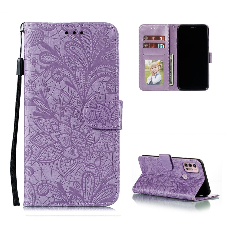 For Motorola Moto G30 Lace Flower Embossing Pattern Horizontal Flip Leather Case with Holder & Card Slots & Wallet & Photo Frame