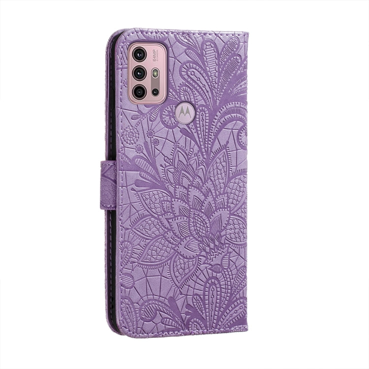 For Motorola Moto G30 Lace Flower Embossing Pattern Horizontal Flip Leather Case with Holder & Card Slots & Wallet & Photo Frame