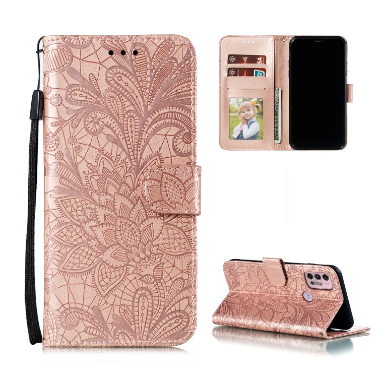 For Motorola Moto G30 Lace Flower Embossing Pattern Horizontal Flip Leather Case with Holder & Card Slots & Wallet & Photo Frame