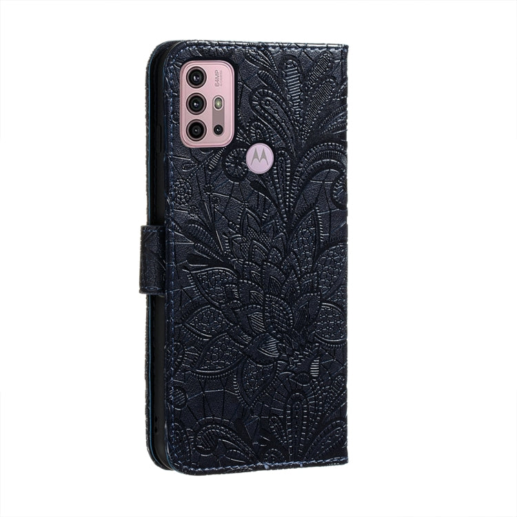 For Motorola Moto G30 Lace Flower Embossing Pattern Horizontal Flip Leather Case with Holder & Card Slots & Wallet & Photo Frame