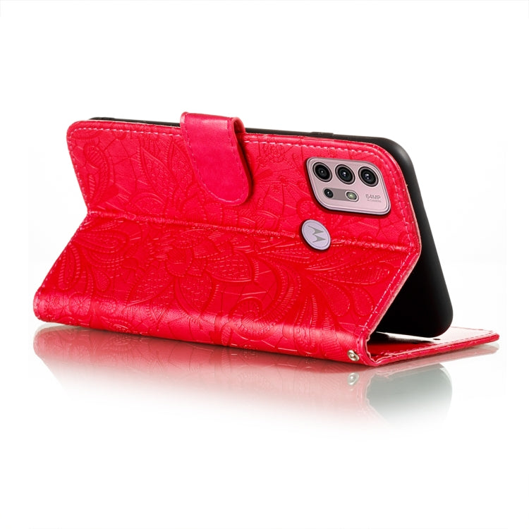For Motorola Moto G30 Lace Flower Embossing Pattern Horizontal Flip Leather Case with Holder & Card Slots & Wallet & Photo Frame