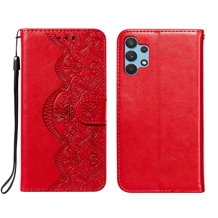 For Samsung Galaxy A32 4G Flower Vine Embossing Pattern Horizontal Flip Leather Case with Card Slot & Holder & Wallet & Lanyard