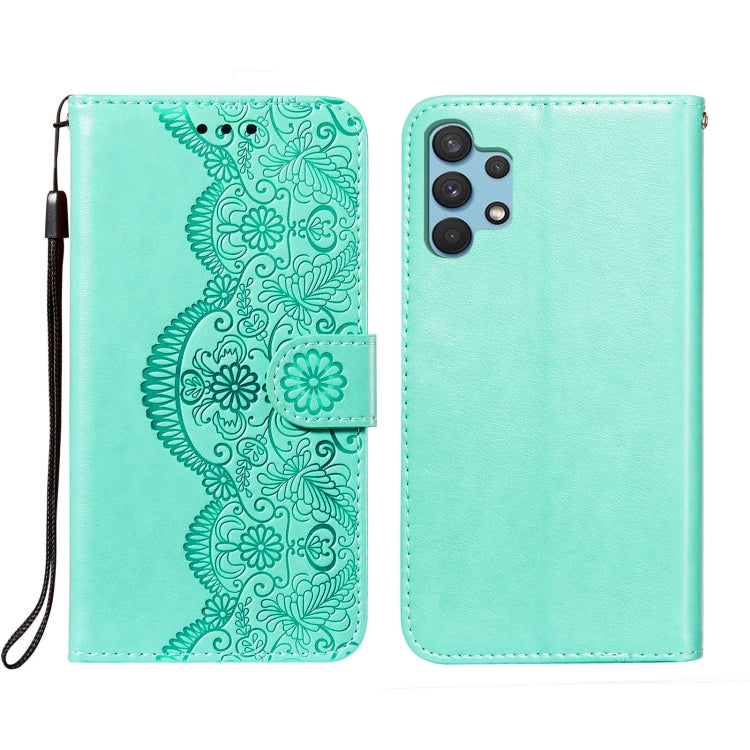For Samsung Galaxy A32 4G Flower Vine Embossing Pattern Horizontal Flip Leather Case with Card Slot & Holder & Wallet & Lanyard