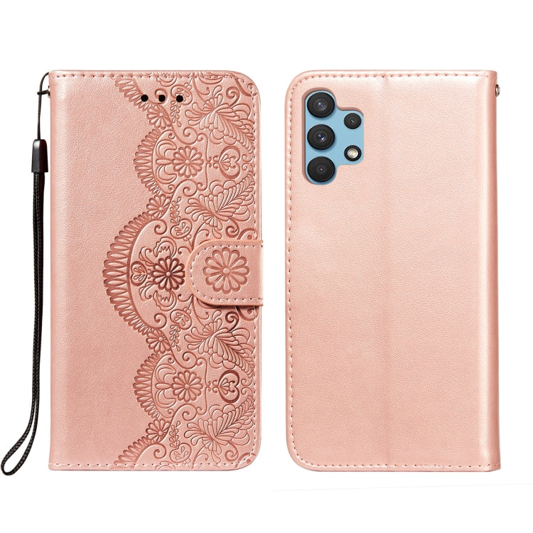For Samsung Galaxy A32 4G Flower Vine Embossing Pattern Horizontal Flip Leather Case with Card Slot & Holder & Wallet & Lanyard