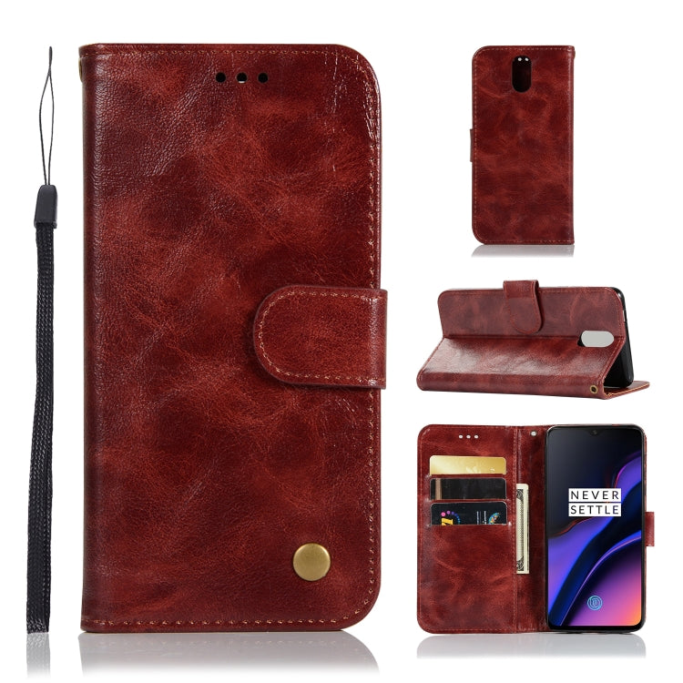 For OnePlus 6T Retro Copper Buckle Crazy Horse Horizontal Flip PU Leather Case with Holder & Card Slots & Wallet & Lanyard
