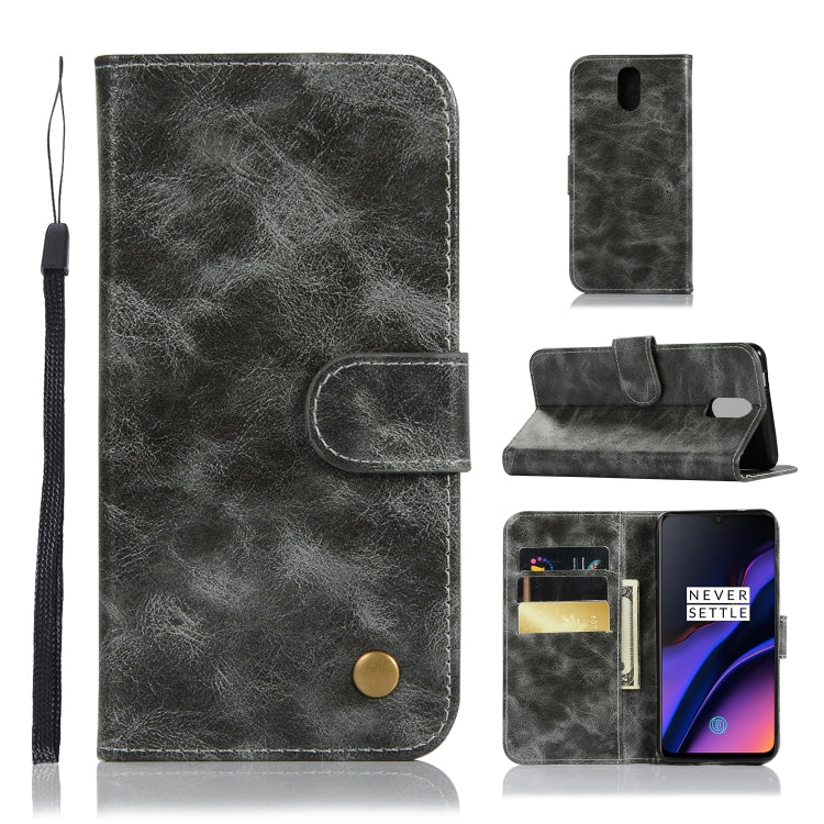 For OnePlus 6T Retro Copper Buckle Crazy Horse Horizontal Flip PU Leather Case with Holder & Card Slots & Wallet & Lanyard