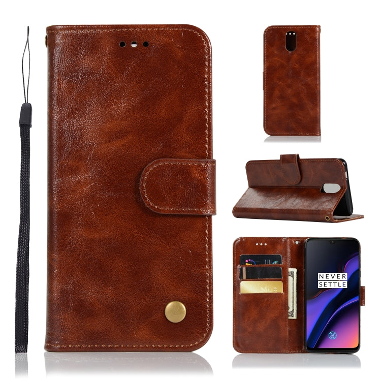 For OnePlus 6T Retro Copper Buckle Crazy Horse Horizontal Flip PU Leather Case with Holder & Card Slots & Wallet & Lanyard