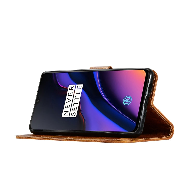 For OnePlus 6T Retro Copper Buckle Crazy Horse Horizontal Flip PU Leather Case with Holder & Card Slots & Wallet & Lanyard