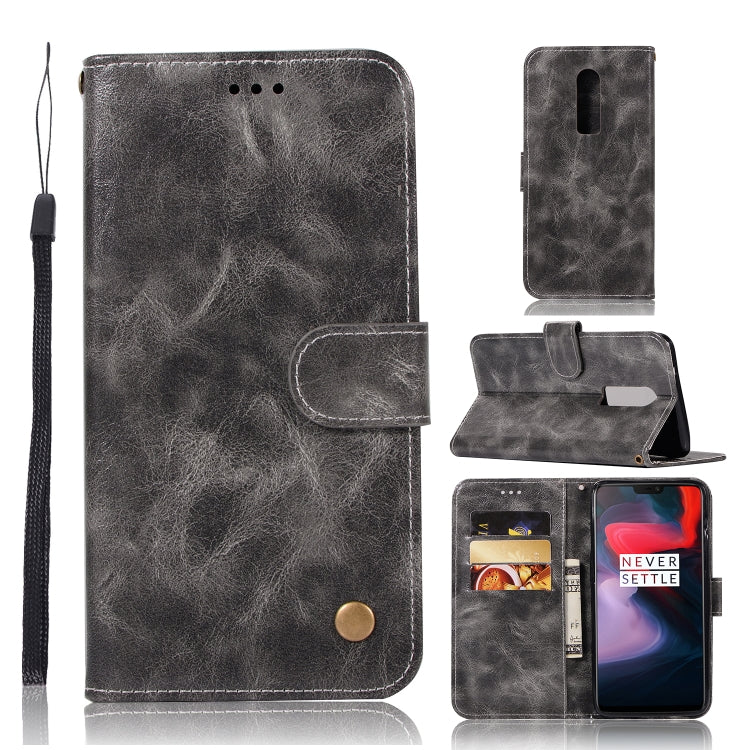 For OnePlus 6 Retro Copper Buckle Crazy Horse Horizontal Flip PU Leather Case with Holder & Card Slots & Wallet & Lanyard