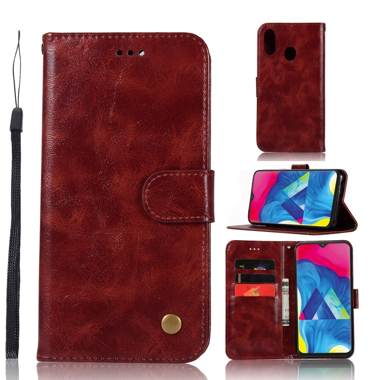 For Galaxy M20 Retro Copper Buckle Crazy Horse Horizontal Flip PU Leather Case with Holder & Card Slots & Wallet & Lanyard