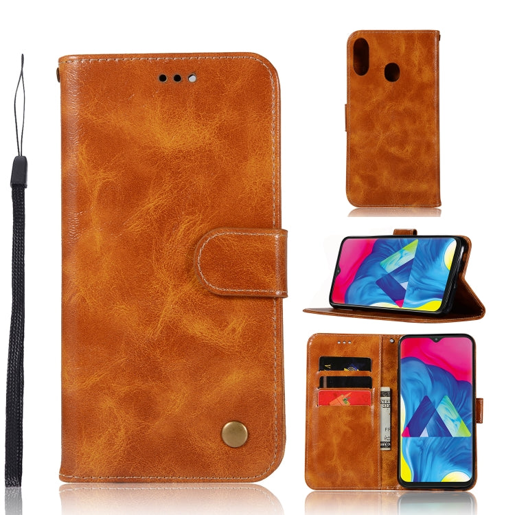 For Galaxy M20 Retro Copper Buckle Crazy Horse Horizontal Flip PU Leather Case with Holder & Card Slots & Wallet & Lanyard