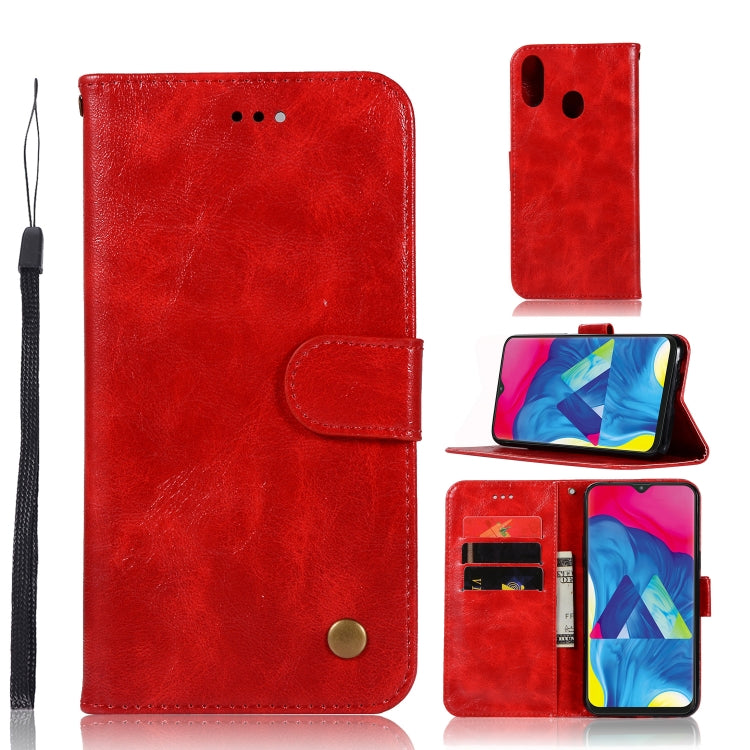 For Galaxy M20 Retro Copper Buckle Crazy Horse Horizontal Flip PU Leather Case with Holder & Card Slots & Wallet & Lanyard
