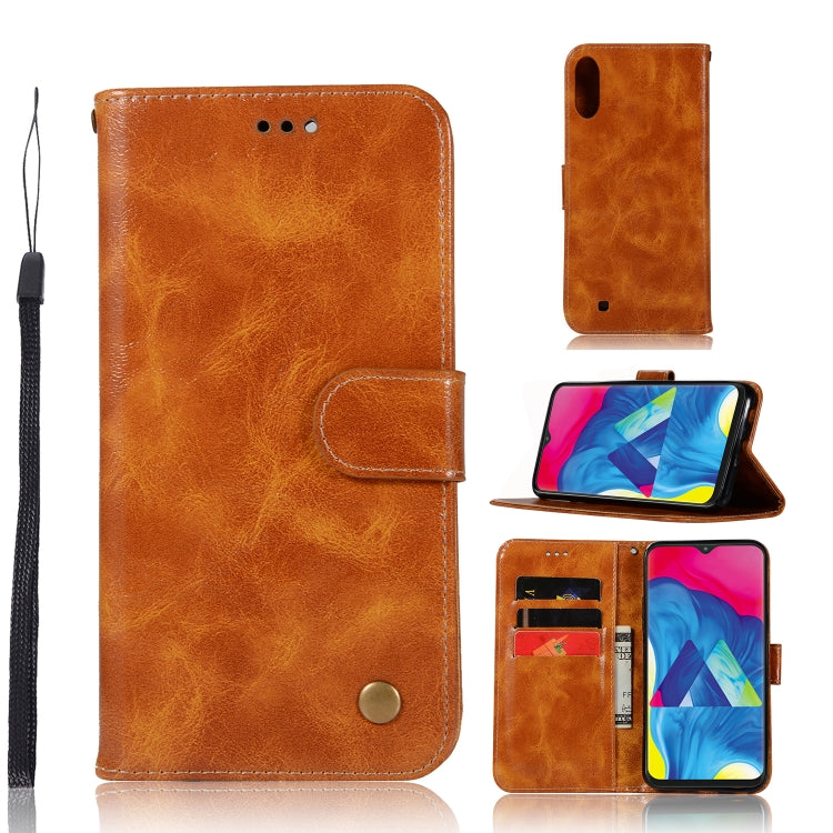 For Galaxy M10 Retro Copper Buckle Crazy Horse Horizontal Flip PU Leather Case with Holder & Card Slots & Wallet & Lanyard
