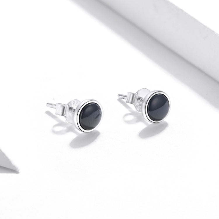 S925 Sterling Silver Simple Round Black Zircon Ear Studs Women Earrings