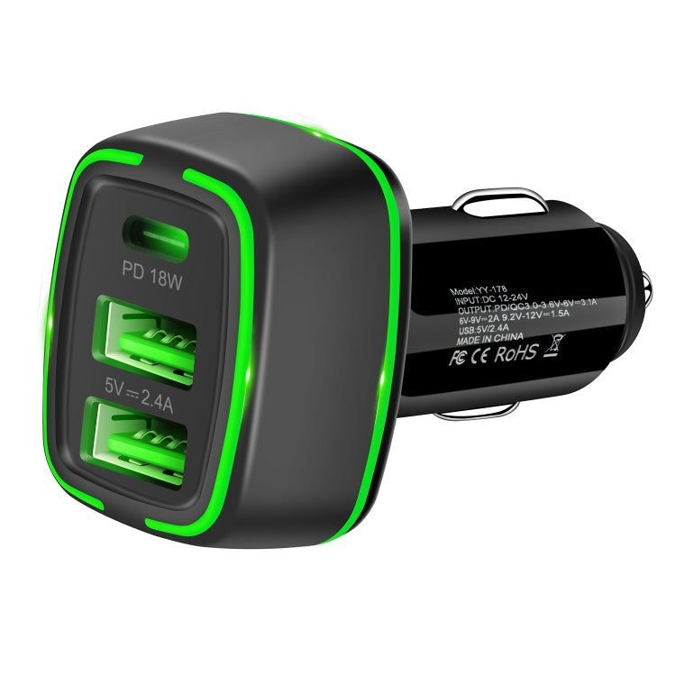 YY-178 Dual USB + PD 18W USB-C / Type-C Three-port Fast Charging Car Charger with Green Luminous Aperture