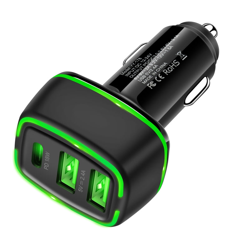 YY-178 Dual USB + PD 18W USB-C / Type-C Three-port Fast Charging Car Charger with Green Luminous Aperture