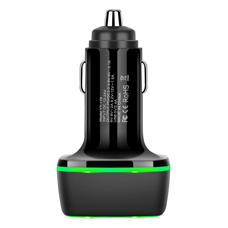 YY-178 Dual USB + PD 18W USB-C / Type-C Three-port Fast Charging Car Charger with Green Luminous Aperture