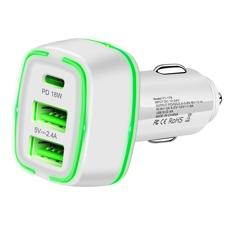 YY-178 Dual USB + PD 18W USB-C / Type-C Three-port Fast Charging Car Charger with Green Luminous Aperture