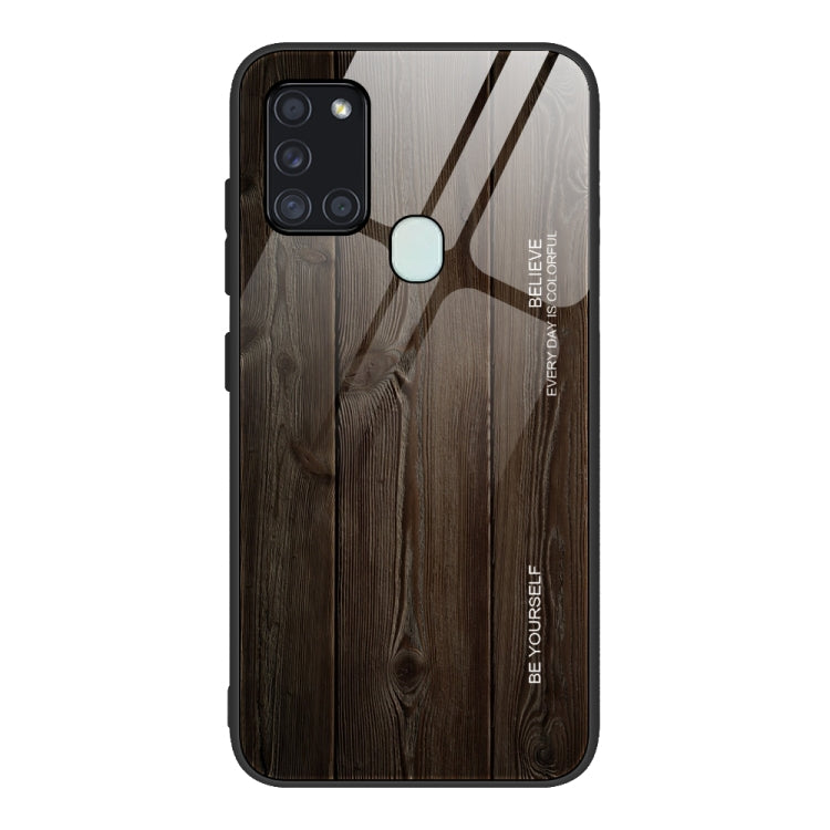 For Samsung Galaxy A21s Wood Grain Tempered Glass + TPU Shockproof Case