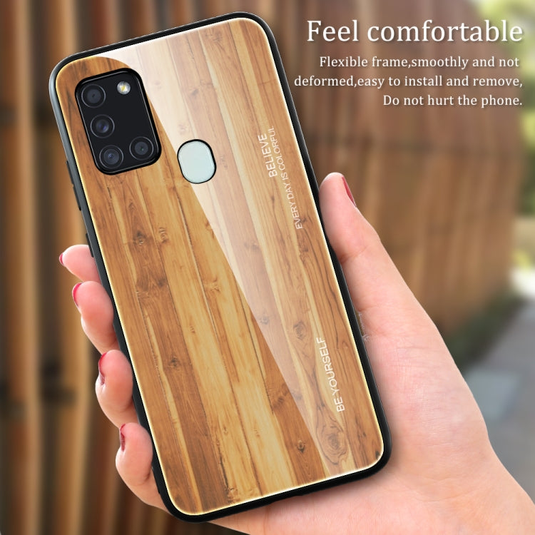 For Samsung Galaxy A21s Wood Grain Tempered Glass + TPU Shockproof Case