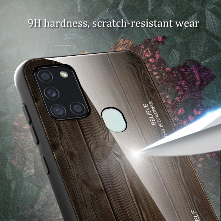For Samsung Galaxy A21s Wood Grain Tempered Glass + TPU Shockproof Case