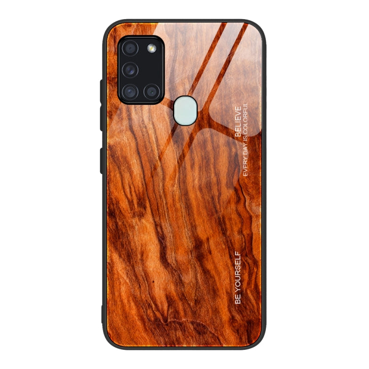 For Samsung Galaxy A21s Wood Grain Tempered Glass + TPU Shockproof Case