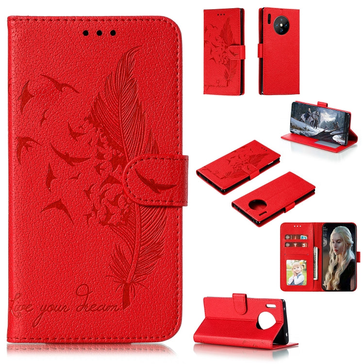 For Huawei Mate 30 Pro Feather Pattern Litchi Texture Horizontal Flip Leather Case with Holder & Wallet & Card Slots