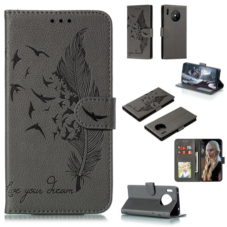 For Huawei Mate 30 Pro Feather Pattern Litchi Texture Horizontal Flip Leather Case with Holder & Wallet & Card Slots