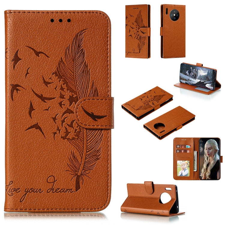 For Huawei Mate 30 Pro Feather Pattern Litchi Texture Horizontal Flip Leather Case with Holder & Wallet & Card Slots