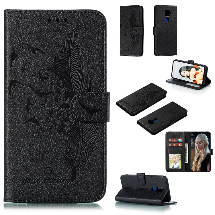 For Huawei Mate 30 Lite / nova 5i Pro Feather Pattern Litchi Texture Horizontal Flip Leather Case with Holder & Wallet & Card Slots