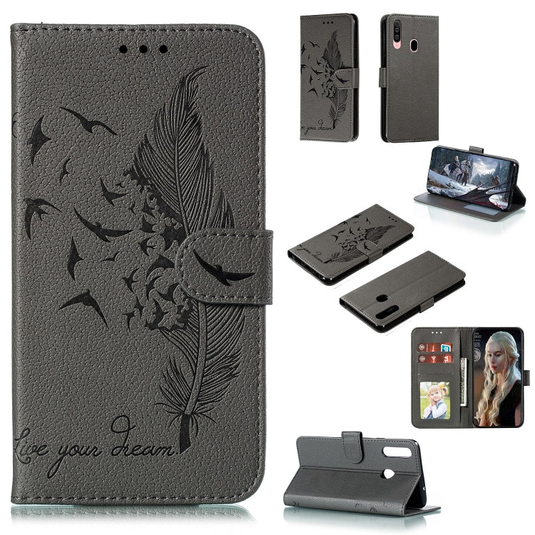 For Galaxy A20s Feather Pattern Litchi Texture Horizontal Flip Leather Case with Holder & Wallet & Card Slots