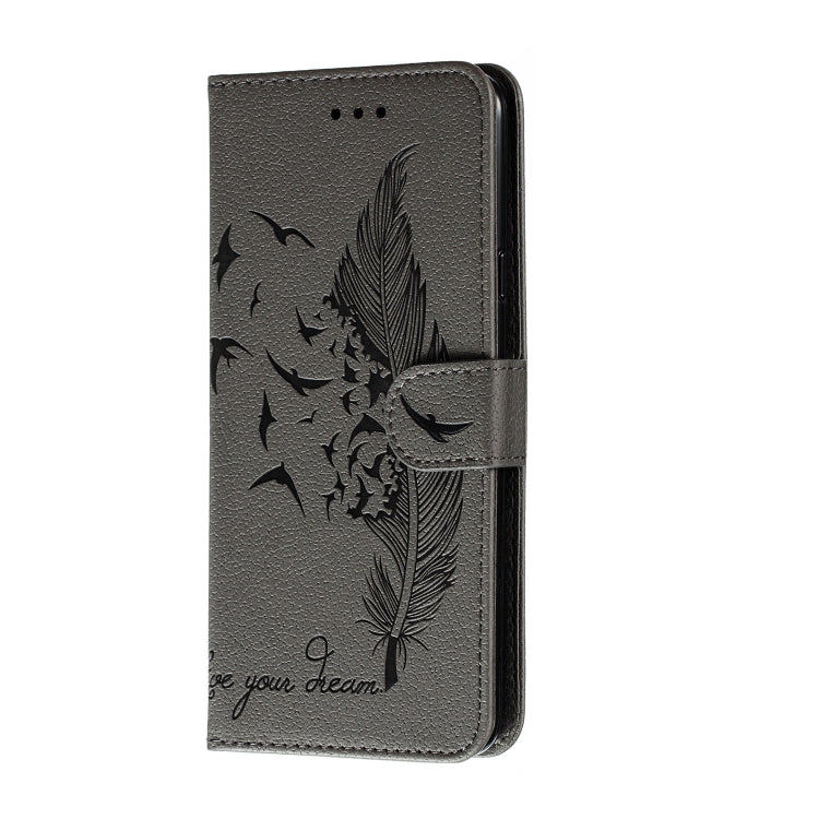 For Galaxy A20s Feather Pattern Litchi Texture Horizontal Flip Leather Case with Holder & Wallet & Card Slots
