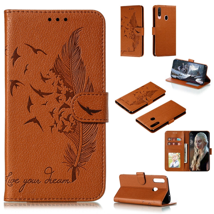 For Galaxy A20s Feather Pattern Litchi Texture Horizontal Flip Leather Case with Holder & Wallet & Card Slots