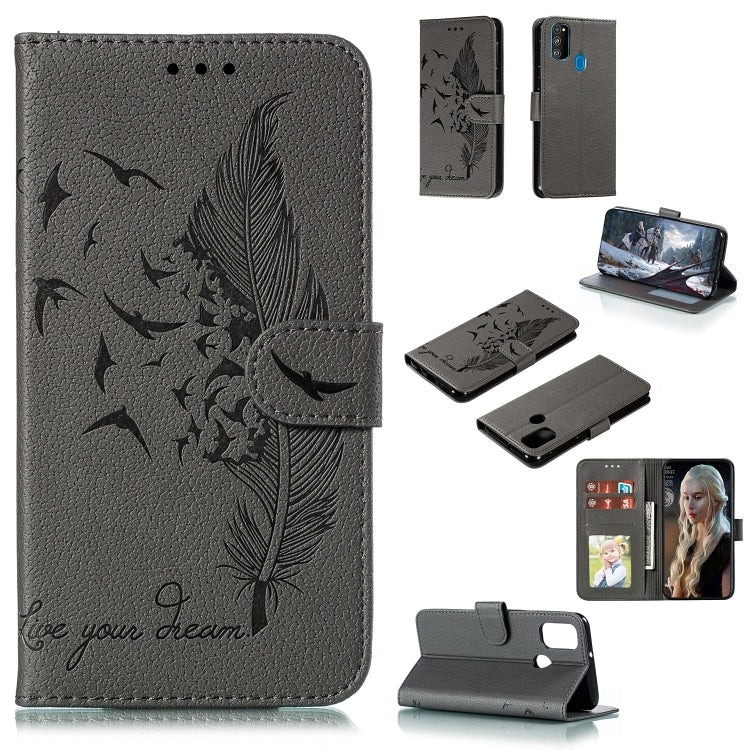 For Galaxy M30s Feather Pattern Litchi Texture Horizontal Flip Leather Case with Holder & Wallet & Card Slots