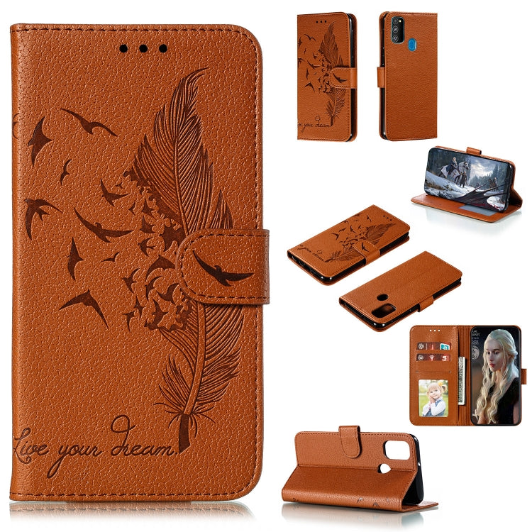For Galaxy M30s Feather Pattern Litchi Texture Horizontal Flip Leather Case with Holder & Wallet & Card Slots