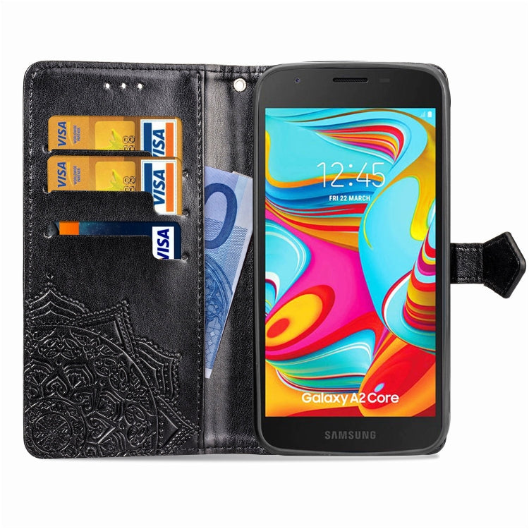 For Galaxy A2 Core Halfway Mandala Embossing Pattern Horizontal Flip Leather Case with Holder & Card Slots & Wallet & Lanyard