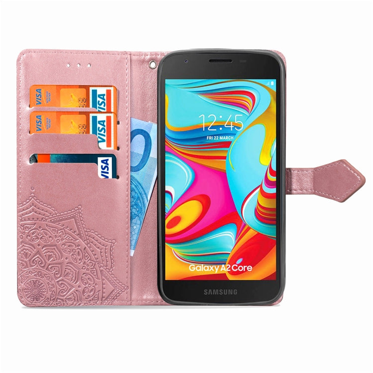 For Galaxy A2 Core Halfway Mandala Embossing Pattern Horizontal Flip Leather Case with Holder & Card Slots & Wallet & Lanyard