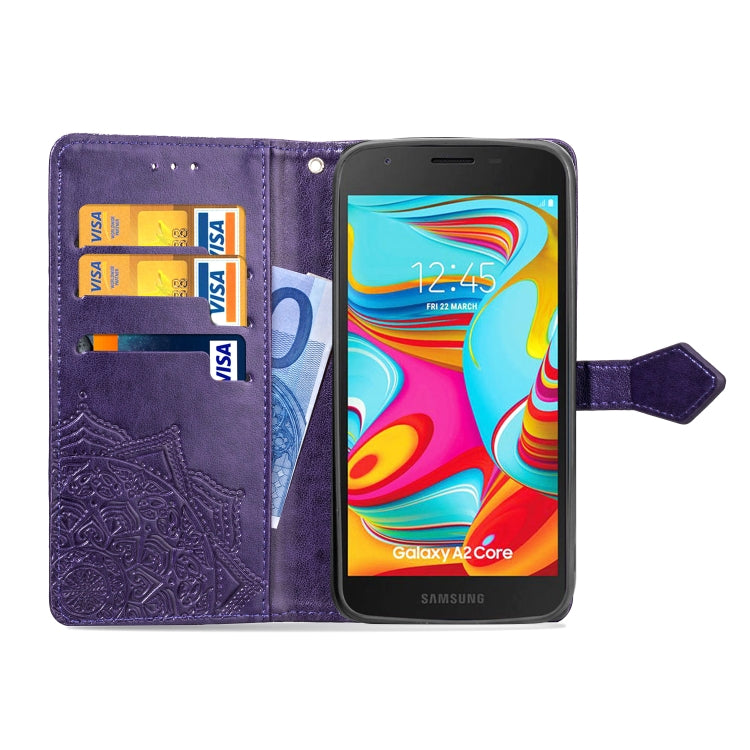 For Galaxy A2 Core Halfway Mandala Embossing Pattern Horizontal Flip Leather Case with Holder & Card Slots & Wallet & Lanyard