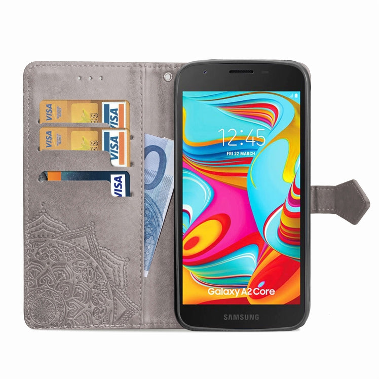 For Galaxy A2 Core Halfway Mandala Embossing Pattern Horizontal Flip Leather Case with Holder & Card Slots & Wallet & Lanyard