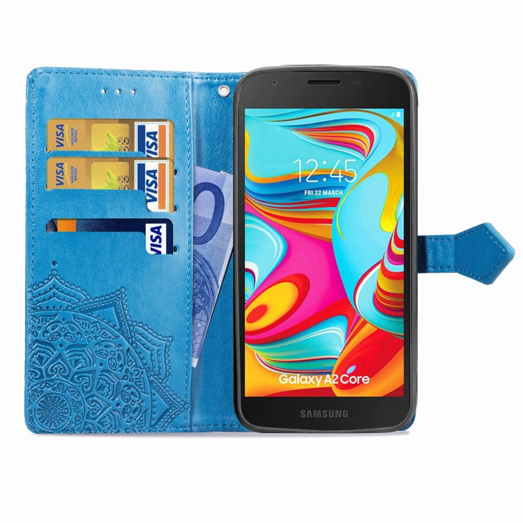 For Galaxy A2 Core Halfway Mandala Embossing Pattern Horizontal Flip Leather Case with Holder & Card Slots & Wallet & Lanyard