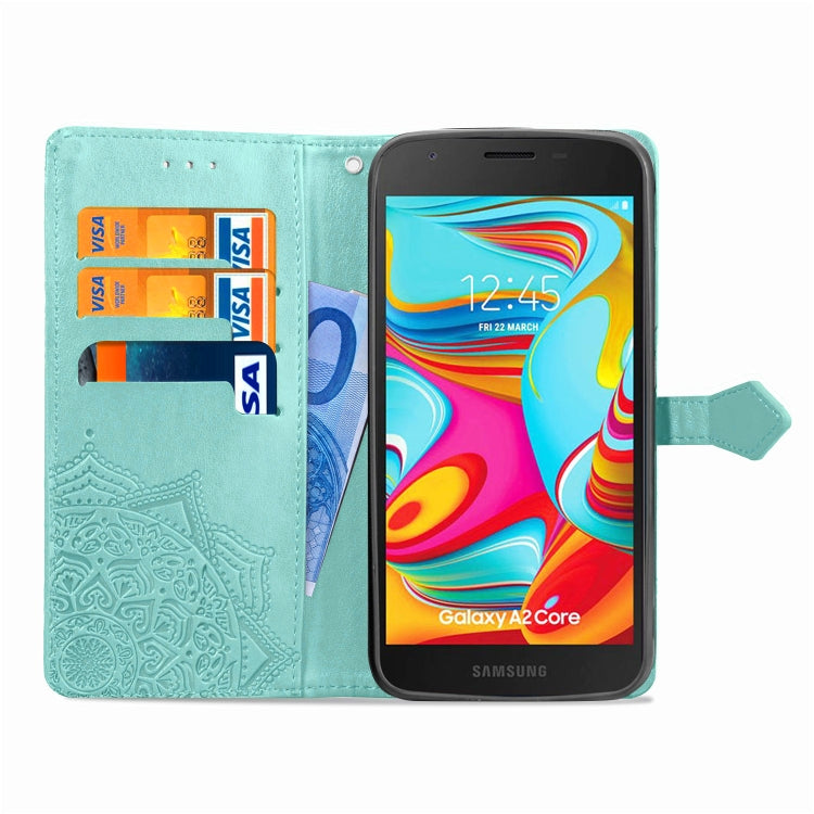 For Galaxy A2 Core Halfway Mandala Embossing Pattern Horizontal Flip Leather Case with Holder & Card Slots & Wallet & Lanyard