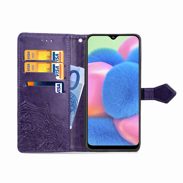 For Galaxy A30s Halfway Mandala Embossing Pattern Horizontal Flip Leather Case with Holder & Card Slots & Wallet & Lanyard