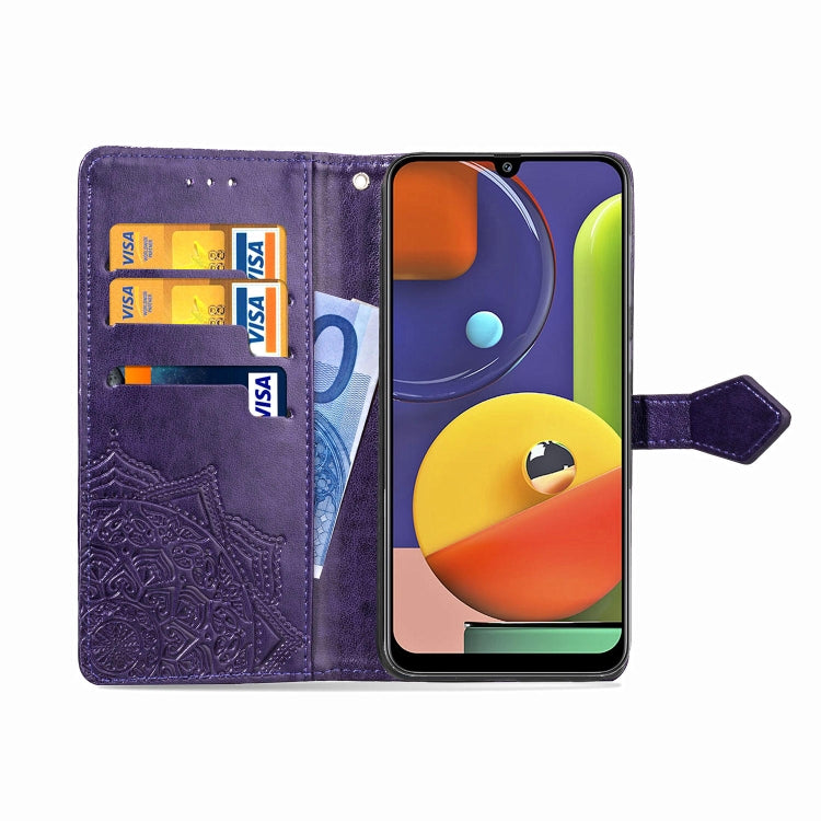 For Galaxy A50s Halfway Mandala Embossing Pattern Horizontal Flip Leather Case with Holder & Card Slots & Wallet & Lanyard