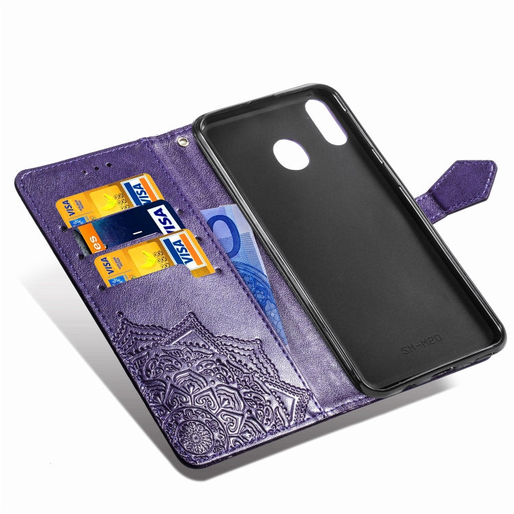 For Galaxy M20 Halfway Mandala Embossing Pattern Horizontal Flip Leather Case with Holder & Card Slots & Wallet & Lanyard