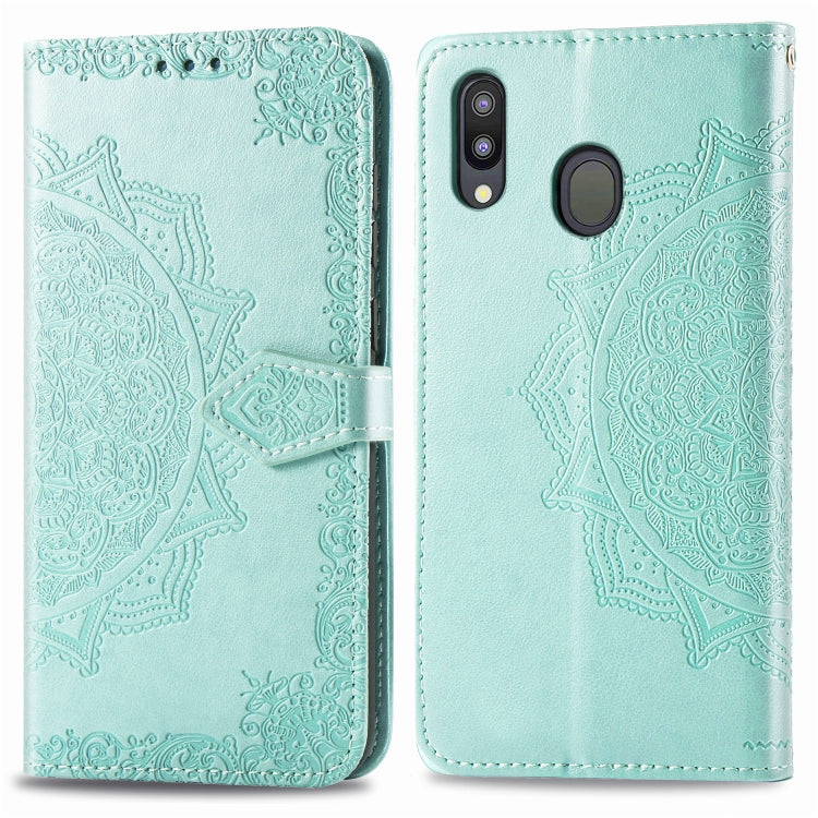 For Galaxy M20 Halfway Mandala Embossing Pattern Horizontal Flip Leather Case with Holder & Card Slots & Wallet & Lanyard