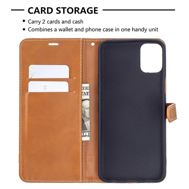 For LG K42 Color Matching Denim Texture Horizontal Flip Leather Case with Holder & Card Slots & Wallet & Lanyard